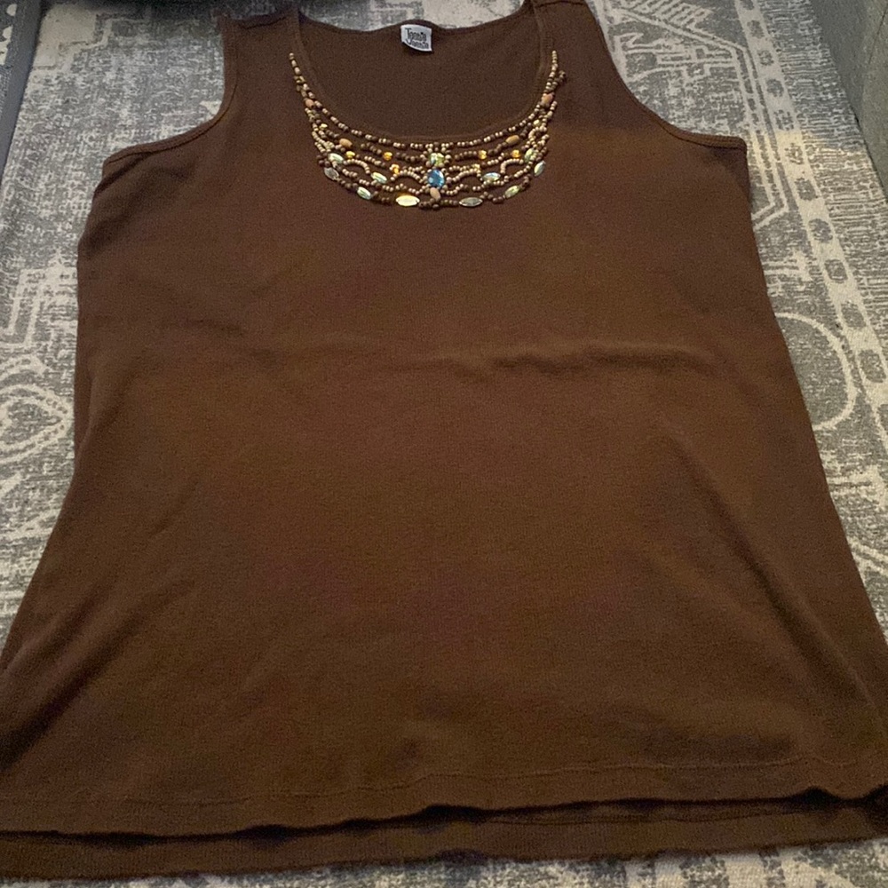 Brown tank top with beaded pattern